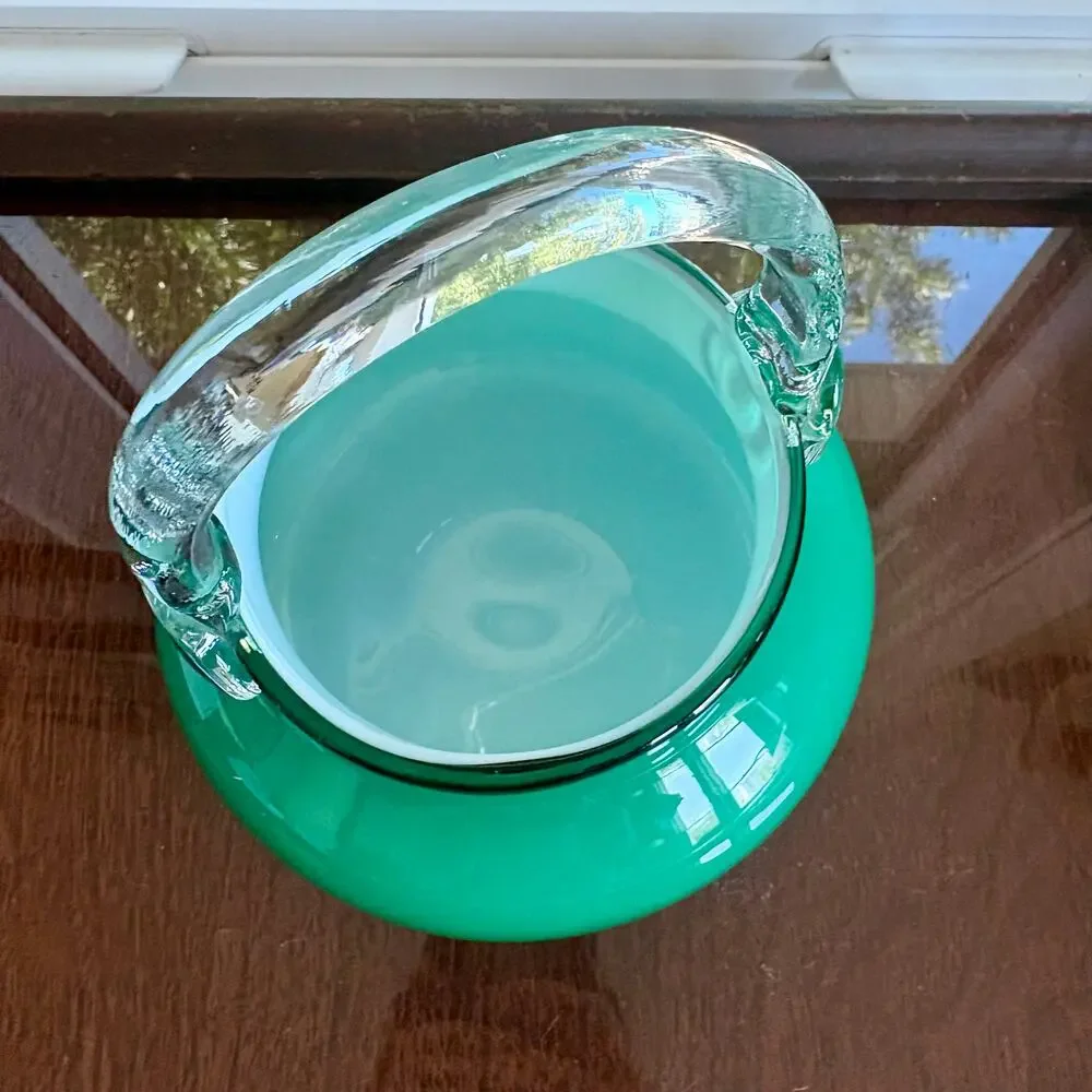 Vintage Polish Green Cased Glass Basket White Interior 7 Inch Vase